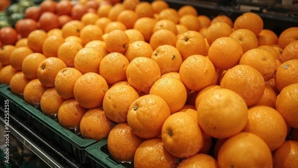 Fototapeta Fresh citrus fruits packaged in clear boxes on supermarket shelves, detailed side view.