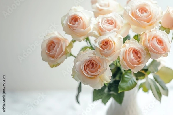 Fototapeta Pale pink roses with natural blemishes in elegant vase on table against white background under soft overhead light