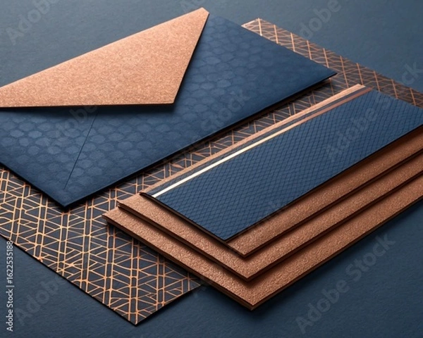 Obraz Elegant Dark Blue Navy Stationery Suite with Glittering Rose Gold Geometric Accents and Textured Paper Elements for a Sophisticated Business Presentation Mockup