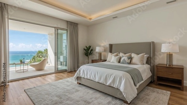 Fototapeta Sophisticated bedroom design with hardwood floors and a handmade headboard. Wide window presents a peaceful view of the sea and sky. Partial view of the master bathroom area.
