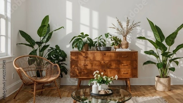 Fototapeta Vertical angle capturing a refined and tranquil living space with cozy boho vibes, wicker seating, fresh plants in pots adjacent to a decorative cabinet