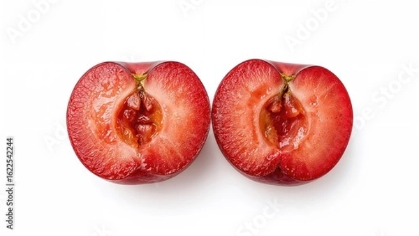 Fototapeta Sliced red plums set apart on a clean white surface