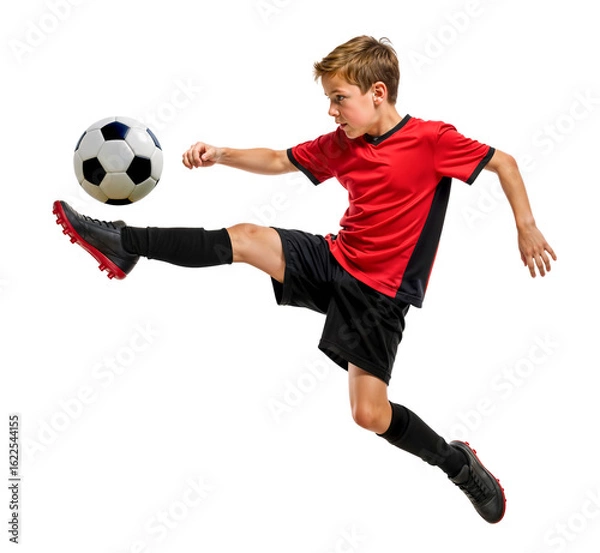 Fototapeta Young boy football player doing a kick in the air while jumping on isolated background