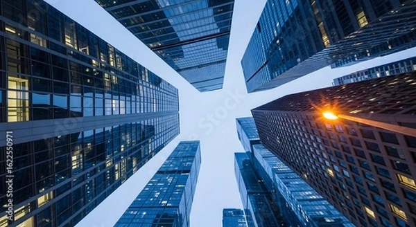 Fototapeta Modern commercial building in night. Urban Architecture Office of Building Business District. Business and financial skyscraper buildings concept.