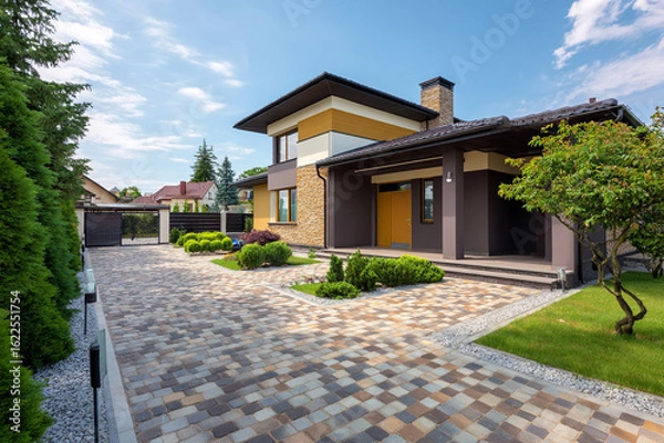 Fototapeta Stylish two-story house features a well-maintained garden, unique architecture, and a charming driveway on a sunny day
