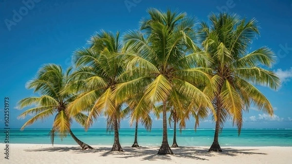 Obraz Coastal landscape featuring lush palms and bright sunshine