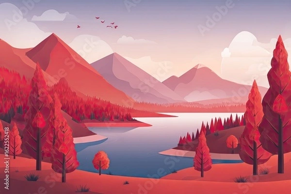 Fototapeta Colorful autumnal landscape with a serene lake and mountains.