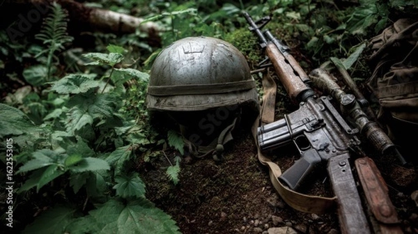 Fototapeta Helmet and Rifle Lying on Ground Surrounded by Greenery