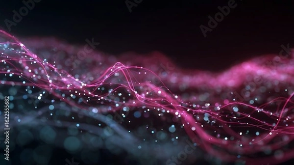 Obraz Floating particles around luminous 3D lines tech pink blue grey glowing network abstract background