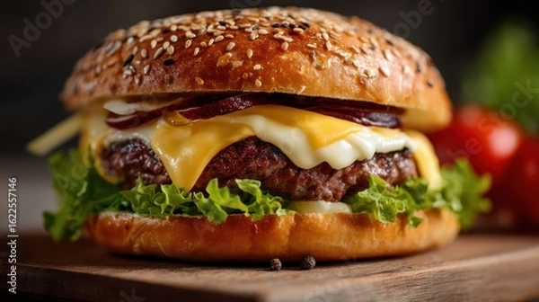 Fototapeta Juicy Hamburger with Melted Cheese and Fresh Toppings on Bun