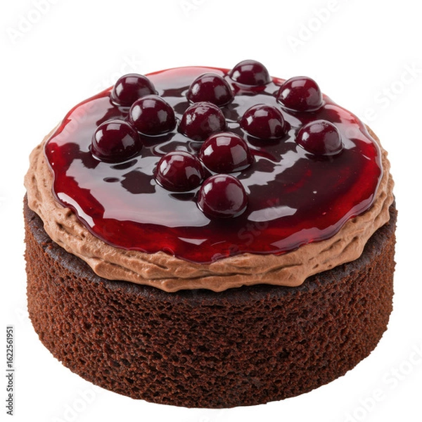 Fototapeta Decadent round chocolate cake topped with glossy cherry glaze and chocolate mousse, ideal for birthdays or special treats.
