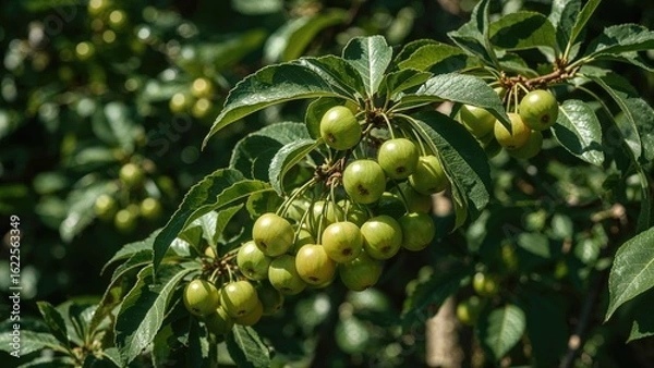 Fototapeta Young green cherries attached to a tree branch
