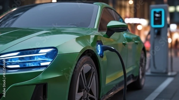 Fototapeta Green ev charging at night