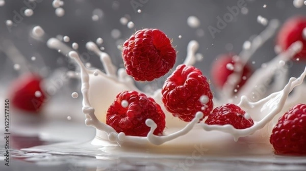 Obraz Fresh Raspberries Splashing into Creamy Yogurt for Delicious Treat
