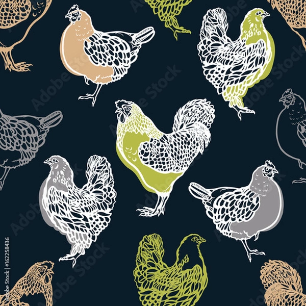 Fototapeta Seamless pattern with cocks and chicken. Poultry. Farming. Livestock raising. Hand drawn. Vector illustration.