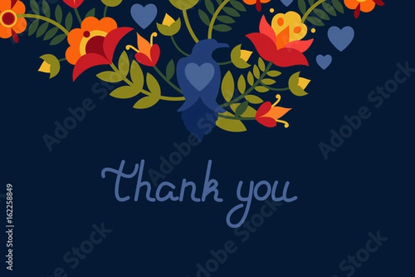 Fototapeta Greeting card with flowers and birds ravens. Text: "Thank you". Bright images on a dark background. Vector illustration.