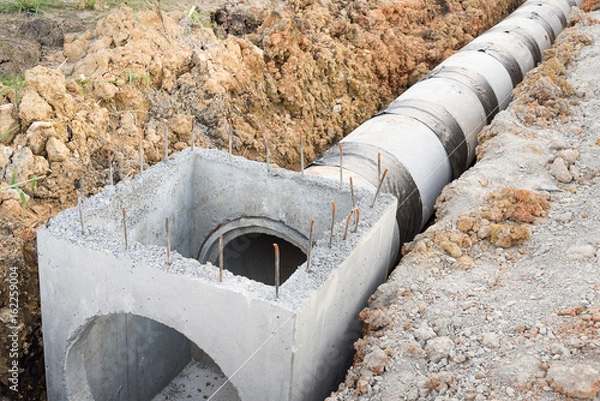 Fototapeta Concrete drainage pipe and manhole in construction site.