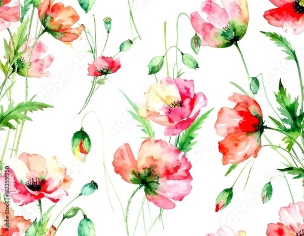 Fototapeta Watercolor poppy flowers seamless pattern, delicate floral design for textile prints