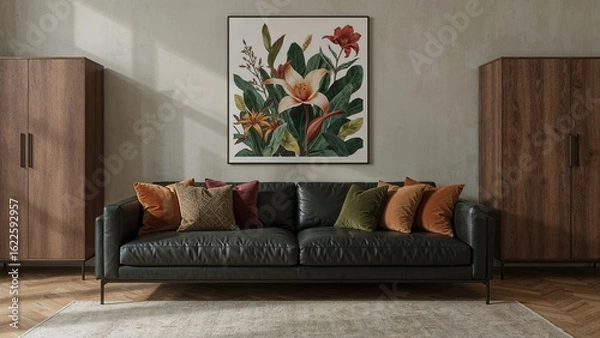 Fototapeta A wooden cabinet stands next to a dark sofa with pillows, complemented by a plant-themed artwork on the wall.