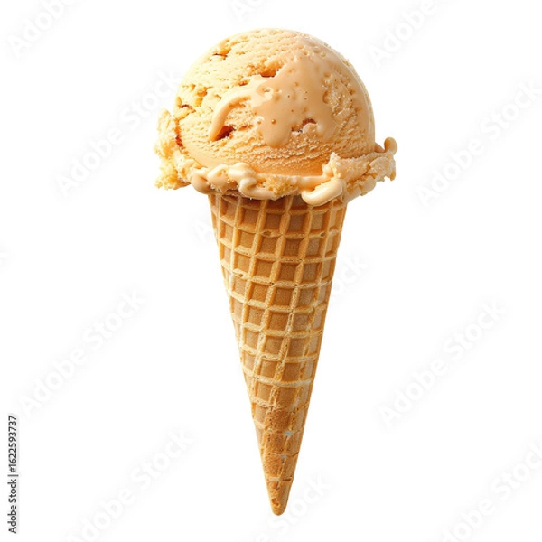 Fototapeta Caramel-colored ice cream scoop in a waffle cone