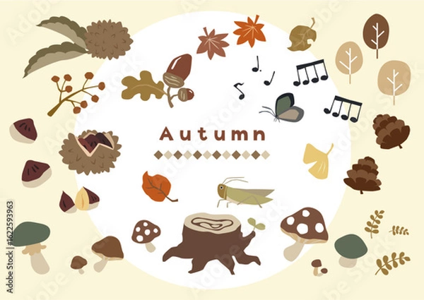 Obraz かわいい秋のシンプルイラスト素材セピア