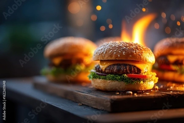 Fototapeta Burning beef burger with melted cheese on a fuzzy dark background