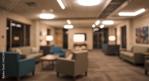 Obraz Modern Office Lounge Interior With Teal And Gray Sofas, Blurred Background