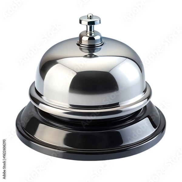 Fototapeta A polished silver service bell with a black base sits isolated on - white background.PNG