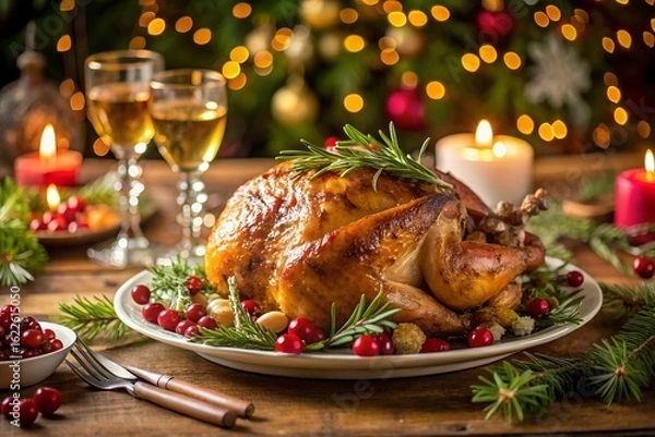Fototapeta A beautifully roasted turkey centerpiece, adorned with fresh rosemary and cranberries, sits on a festive christmas dinner table, illuminated by warm candlelight and bokeh lights
