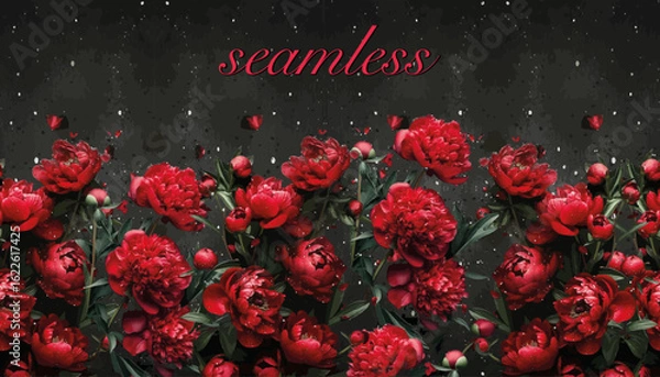 Fototapeta Seamless vector pattern of peonies. For printing on textiles, clothing, postcards. Beautiful red peonies on a gray background.