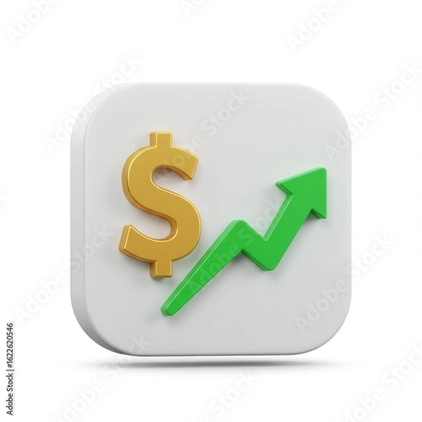 Obraz 3D render of a dollar sign next to an upward trending green arrow, representing financial growth on a white square.