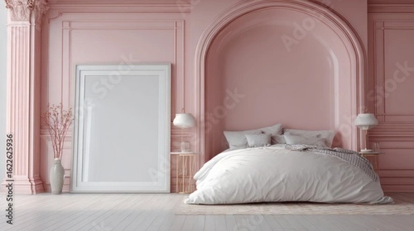 Fototapeta Pink bedroom with arched alcove headboard and large white frame against the wall