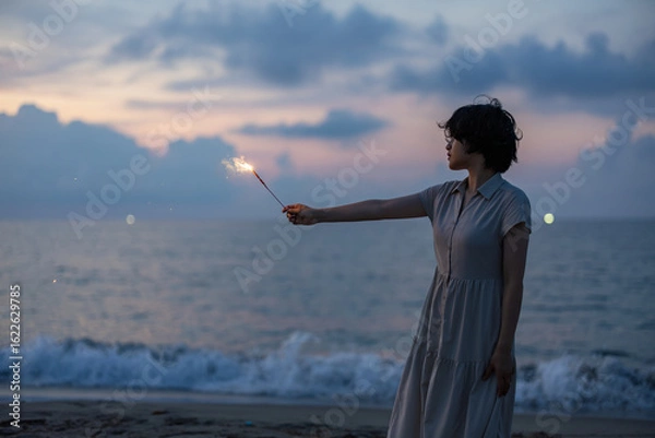 Obraz 夕暮れの海辺で花火を楽しむ女性モデルの柔らかなボケ感を活かしたポートレート