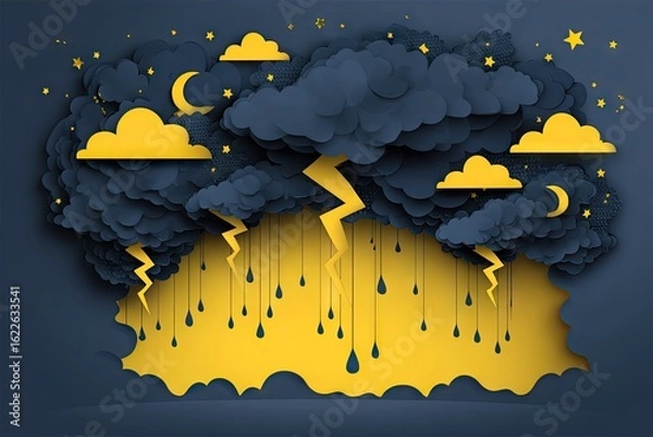 Fototapeta Colorful paper cut clouds with rain and lightning.