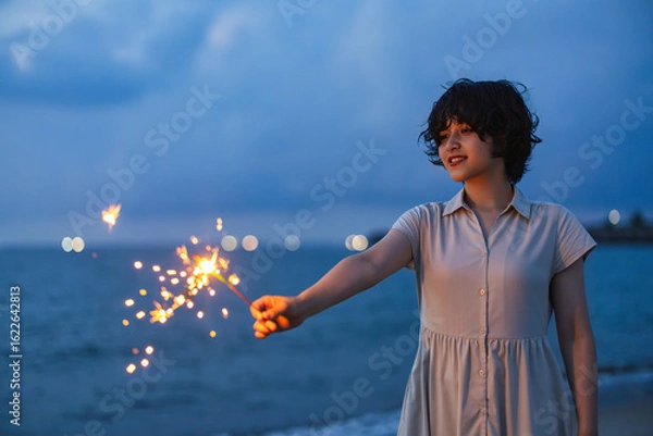 Obraz 夕暮れの海辺で花火を楽しむ女性モデルの柔らかなボケ感を活かしたポートレート