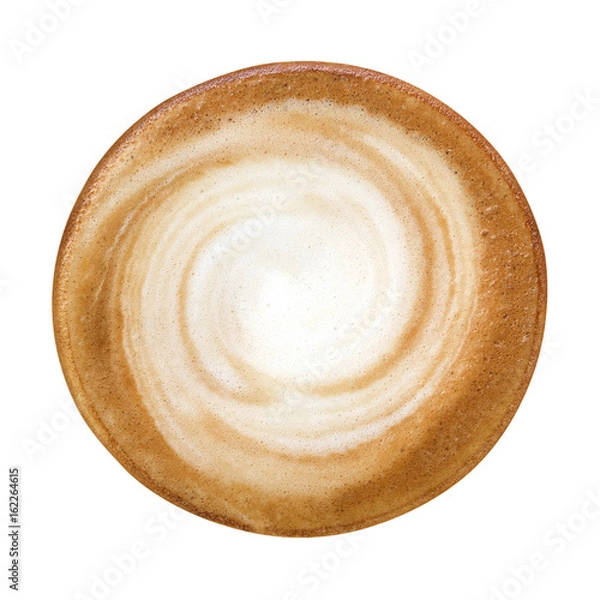 Fototapeta Top view of hot coffee latte cappuccino spiral foam isolated on white background, clipping path included
