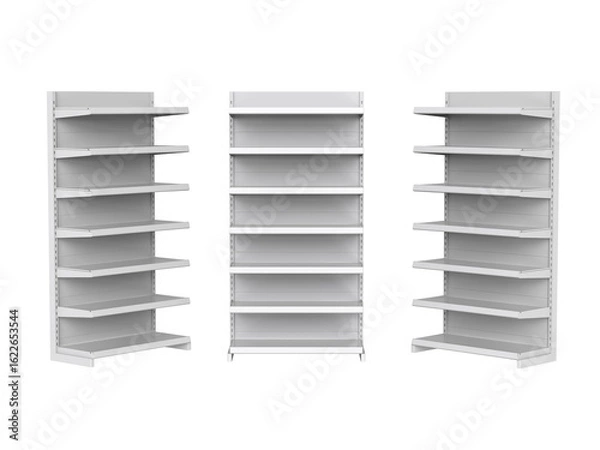 Fototapeta White supermarket shelving display or bookstore racks. Empty white retail display shelves supermarket gondola mockup. Store Shelves. 