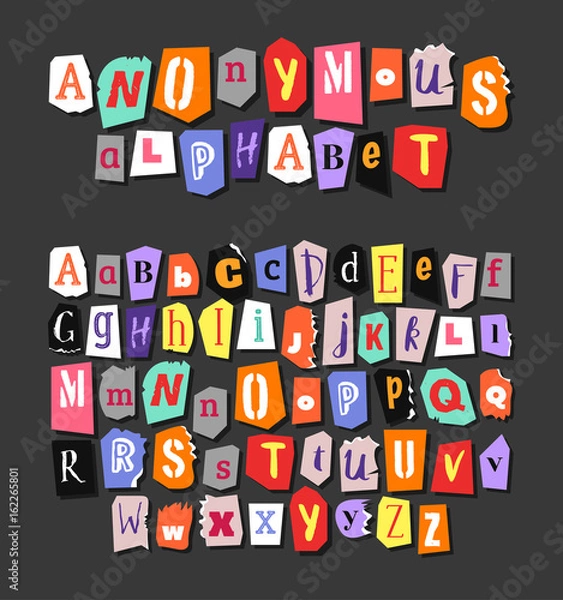 Fototapeta Colorful Newspaper alphabet. Hand made anonymous set. Vector Letters
