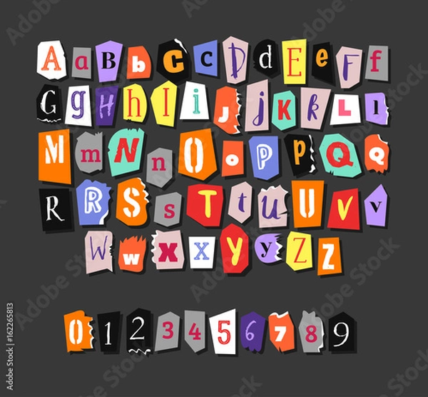 Fototapeta Colorful Newspaper alphabet. Hand made anonymous set. Vector Letters, numbers