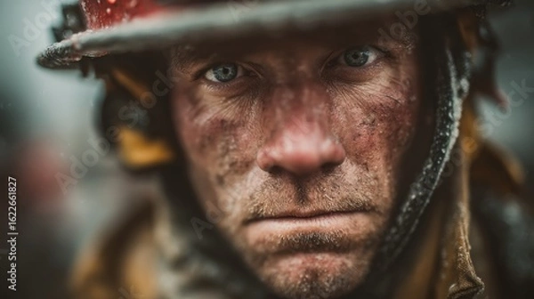 Fototapeta Intense front view of firefighter, blurry wreckage behind, low dramatic camera angle 