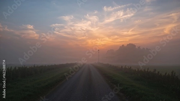 Fototapeta Early fog enveloping a deserted walkway under a vibrant sky.