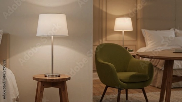 Fototapeta Light fixture resting on a stool adjacent to a bed within an open-plan area with a green chair and wooden table under ceiling lamps