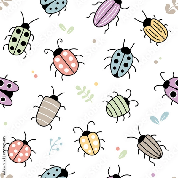 Fototapeta Cartoon style bugs seamless pattern, background.  Simple cute hand-drawn kids illustrations, doodles
