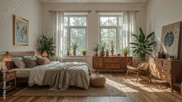 Fototapeta Cozy bedroom featuring wooden furniture, potted plants, and ethnic-inspired decor with a rustic aesthetic and large window curtains, empty space, panoramic view