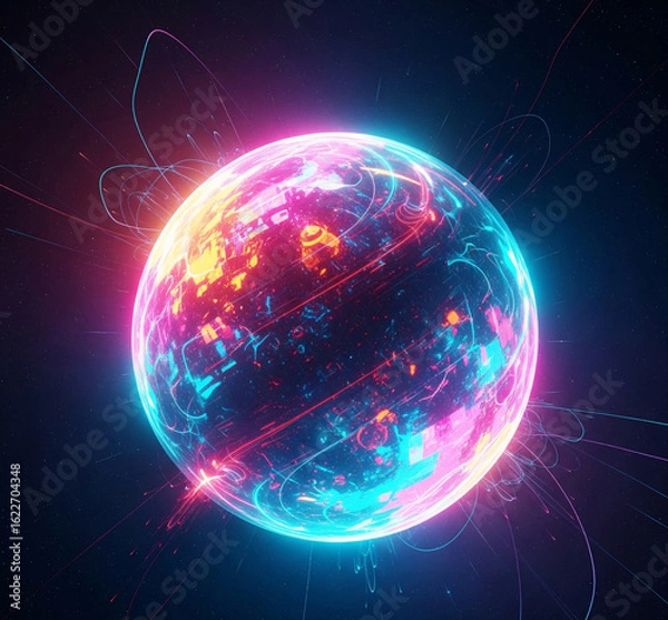 Fototapeta Futuristic glowing sphere of interconnected data streams and digital energy exploding in the vastness of space, representing innovation and technology