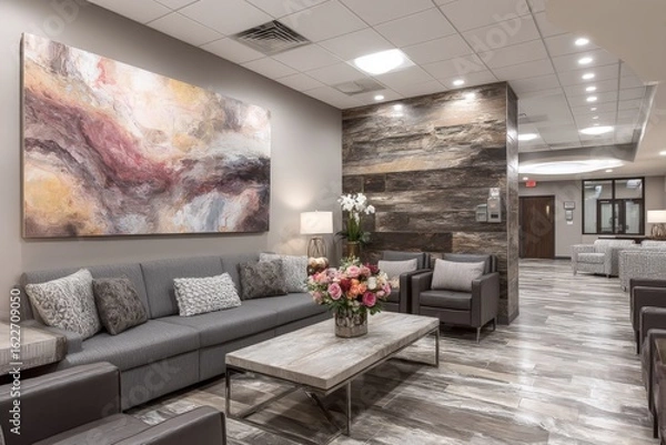 Fototapeta Modern lobby with stylish seating and floral arrangement in a contemporary interior design