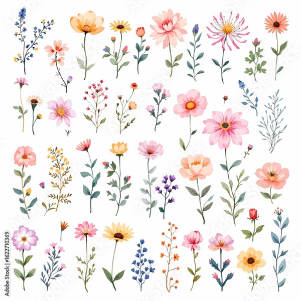 Obraz Big set of watercolor flowers bouquets with golden elements. Illustration isolated on white background. Collection garden and wild, forest herb, flowers, branches. 