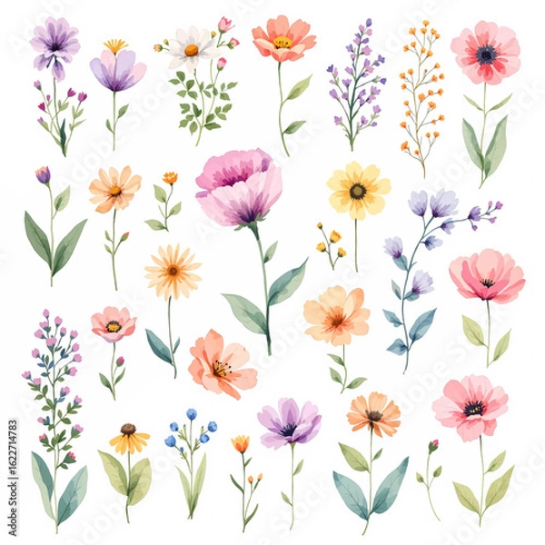 Fototapeta Bouquet of flowers, Set of floral elements, Set vector illustration of a flower