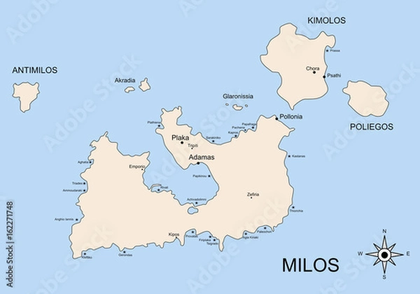 Obraz The geography map of Milos with Kimolos, Poliegos, Antimilos, Glaronissia e Akradia island, in the archipelago of the Ciclades islands. There is indicated the position of towns and beaches.