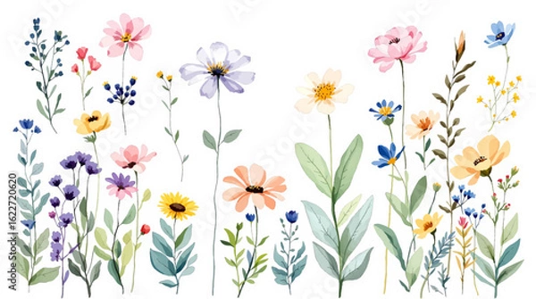 Fototapeta Set watercolor flowers and butterflies, seamless pattern with flowers